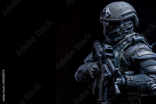 An isolated figure of a special forces soldier holding a rifle, dressed in full tactical gear, on a black background. High detail and intense focus