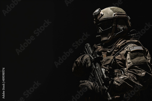 A heavily armored soldier in tactical gear holding an assault rifle, standing against a dark background in a combat-ready stance.
