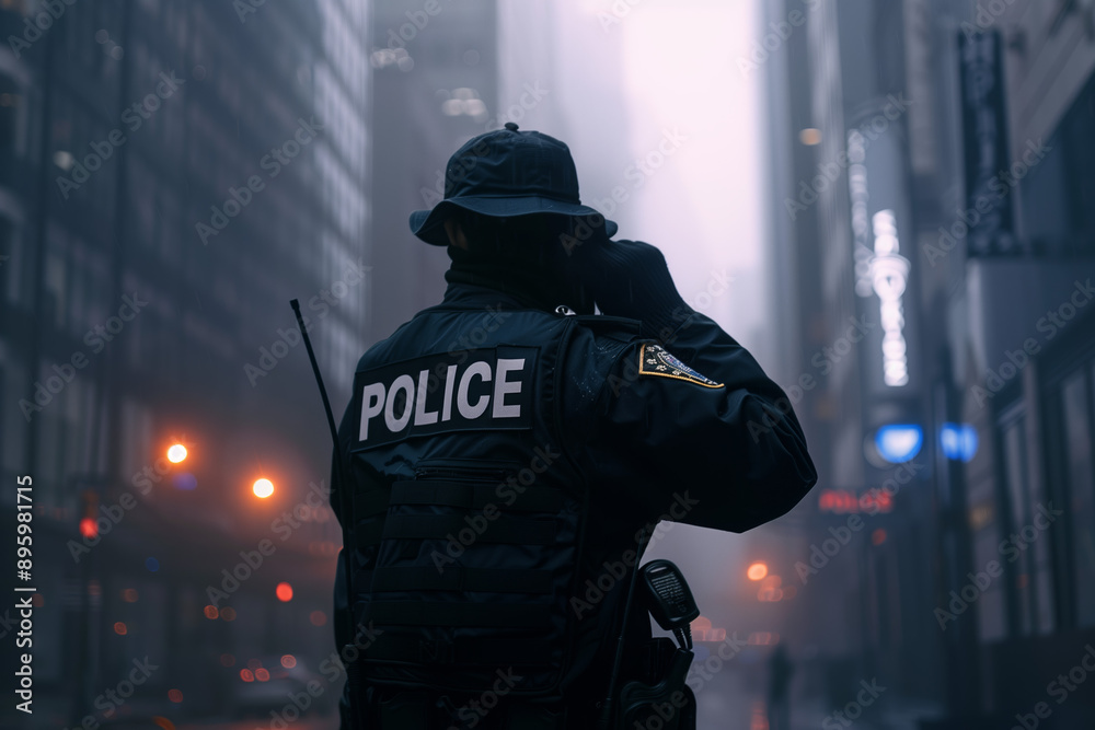 A police officer in uniform with a radio patrolling a foggy city street, surrounded by tall buildings and dim street lights.
A police officer in uniform with a radio patrolling a foggy city street, surrounded by tall buildings and dim street lights.