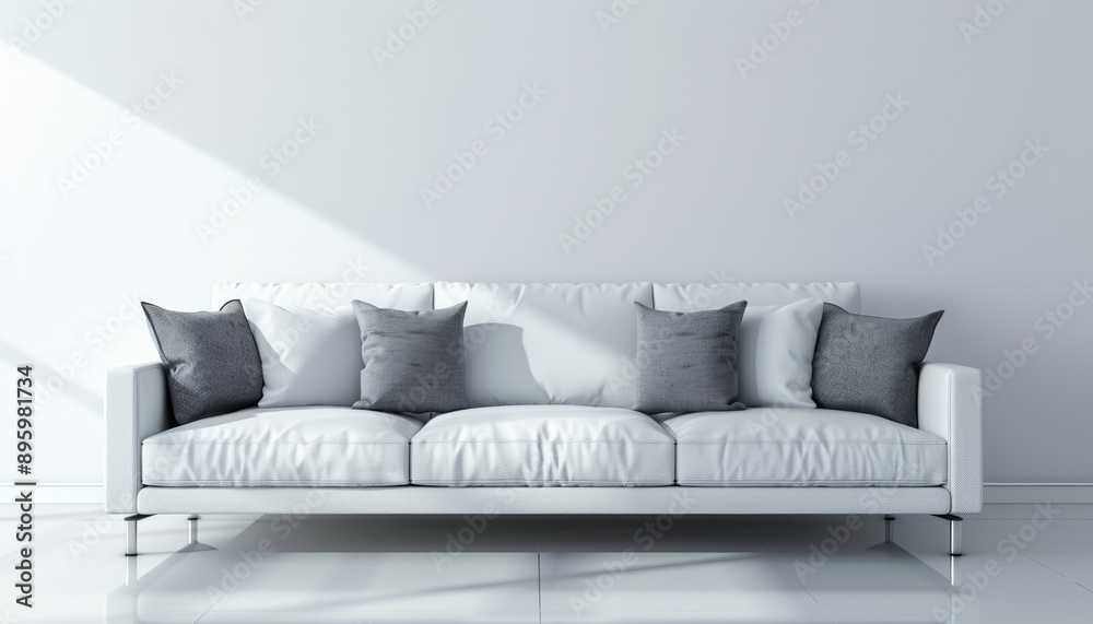 Naklejka premium Minimalist White Sofa with Gray Decorative Pillows, Background with Copy Space