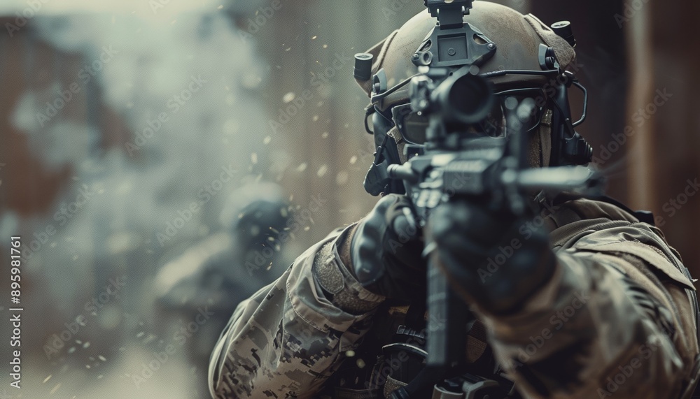 Special Forces Operative in Tactical Gear Holding Rifle, Urban Conflict Ready, Anti-Terrorism Concept Special Forces Operative in Tactical Gear Holding Rifle, Urban Conflict Ready, Anti-Terrorism Concept