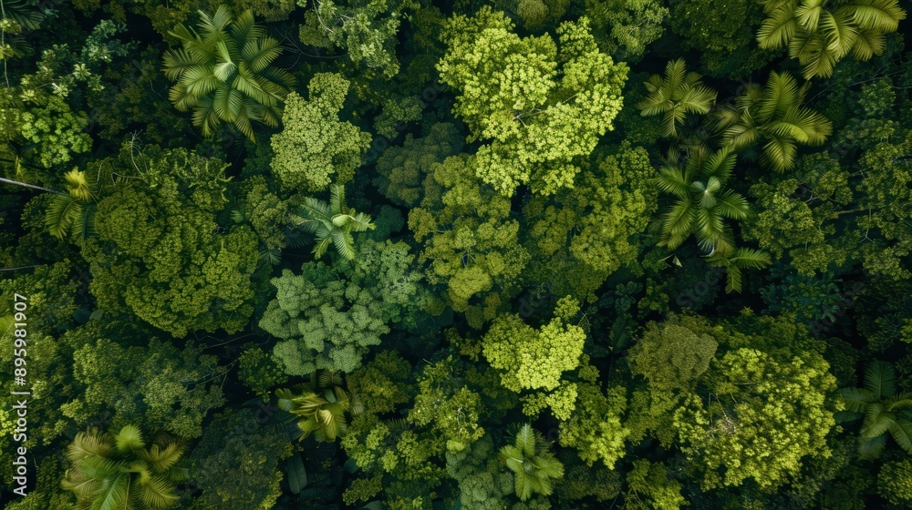 Naklejka premium Bird's eye view of the lush green canopy of a tropical rainforest, showcasing the dense foliage and diverse ecosystem