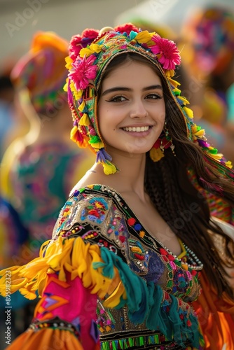 Smiling woman in vibrant traditional costume with a colorful headdress at a cultural festival, radiating joy and happiness.