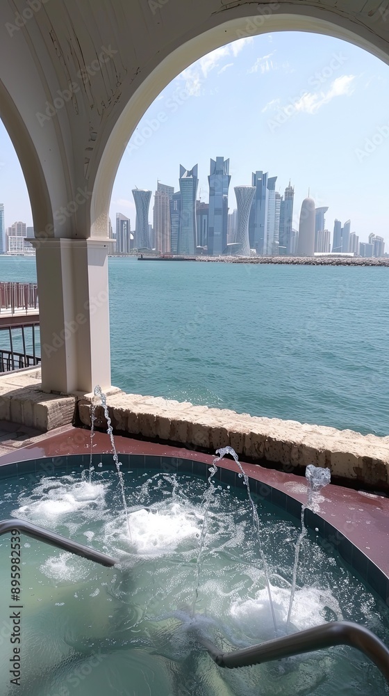 Fototapeta premium a cityscape of modern skyscrapers, seen through a stone archway with a view of the waterfront and a fountain in the foreground