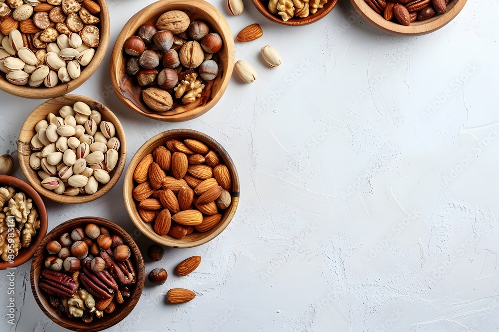 A Colorful Array of Nuts in Wooden Bowls on a Light Background A Colorful Array of Nuts in Wooden Bowls on a Light Background