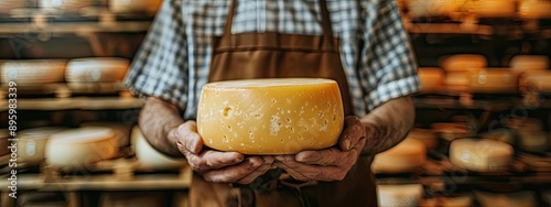 A cheese maker holding and presenting his masterpiece cheese wheel. photo