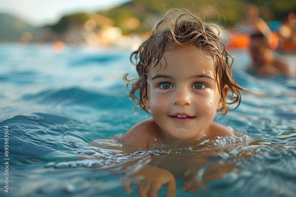 A joyous young child with curly hair, smiling and enjoying swimming in the clear blue ocean, highlighting the happiness and freedom of experiencing a sunny day at the beach. A joyous young child with curly hair, smiling and enjoying swimming in the clear blue ocean, highlighting the happiness and freedom of experiencing a sunny day at the beach.