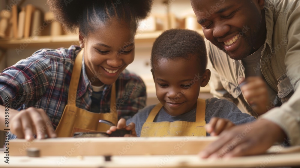 A family of three, a man, a woman and a child, are working on a project together A family of three, a man, a woman and a child, are working on a project together
