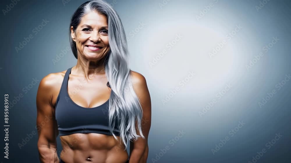 Fit senior woman in sports bra smiling and showing muscles after workout Fit senior woman in sports bra smiling and showing muscles after workout