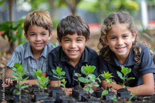 Three children happily engaged in planting seedlings in a garden, with bright smiles, demonstrating care for nature, teamwork, and the joy of outdoor learning and environmental stewardship.