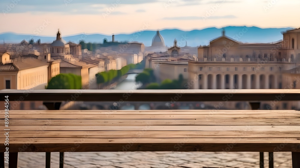 The wooden table top is vacant, and Rome is blurred in the backdrop. The wooden table top is vacant, and Rome is blurred in the backdrop.