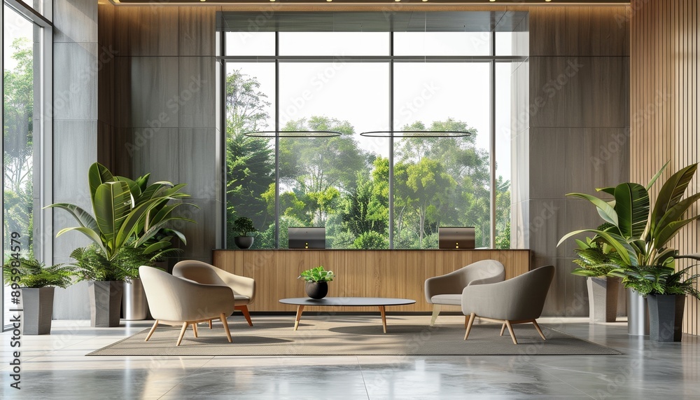 Contemporary Reception Area with Large Windows, Minimal Decor, Indoor Greenery, Modern Design Contemporary Reception Area with Large Windows, Minimal Decor, Indoor Greenery, Modern Design