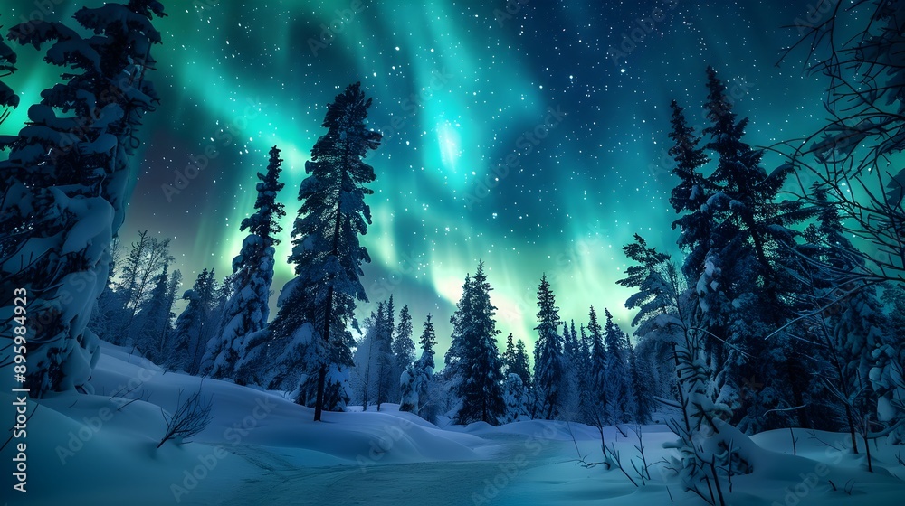 Captivating Aurora Borealis Over Snowy Forest Landscape on Starry Night