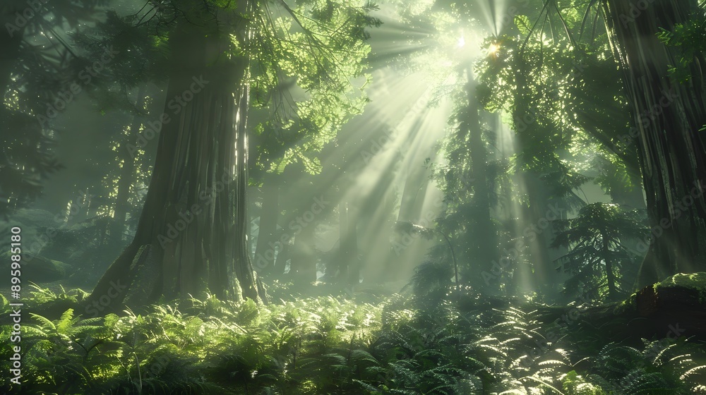 Majestic Redwood Forest Bathed in Ethereal Sunlight Rays Majestic Redwood Forest Bathed in Ethereal Sunlight Rays
