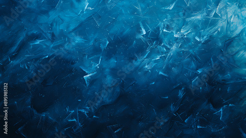 Mesmerizing close-up of fractured ice shards in vibrant shades of blue, creating a stunning abstract pattern.
