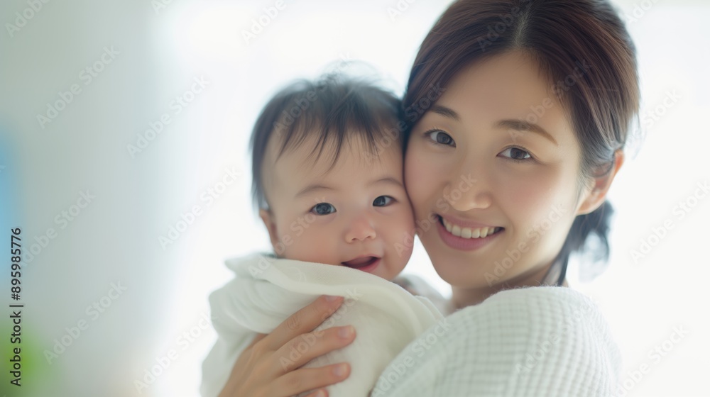 Smiling mother holding baby in white clothes. Smiling mother holding baby in white clothes.