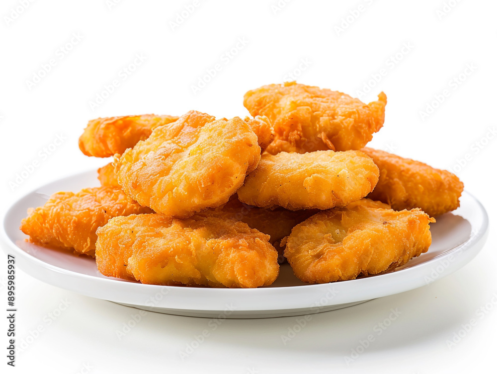 Chicken nuggets on a plate, isolated on white background.