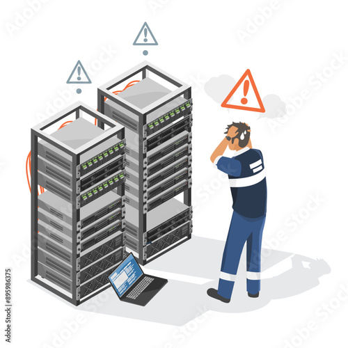 electrical engineer trobleshooting server room issues the server problem isometric isolated industrial concept illustration on white background