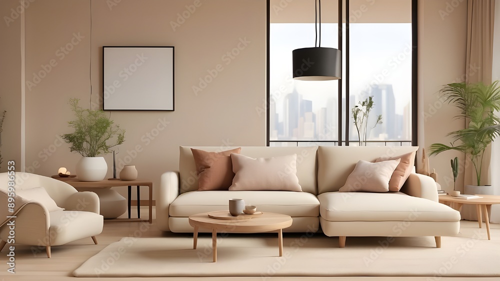 Japandi living room interior featuring a comfortable beige couch and a modern, minimalist apartment design Japandi living room interior featuring a comfortable beige couch and a modern, minimalist apartment design