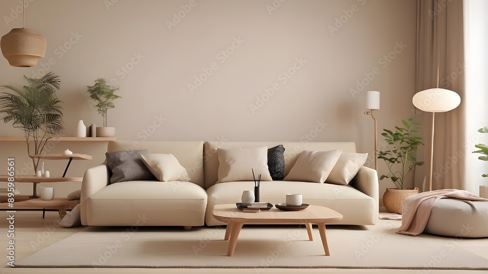 Japandi living room interior featuring a comfortable beige couch and a modern, minimalist apartment design Japandi living room interior featuring a comfortable beige couch and a modern, minimalist apartment design