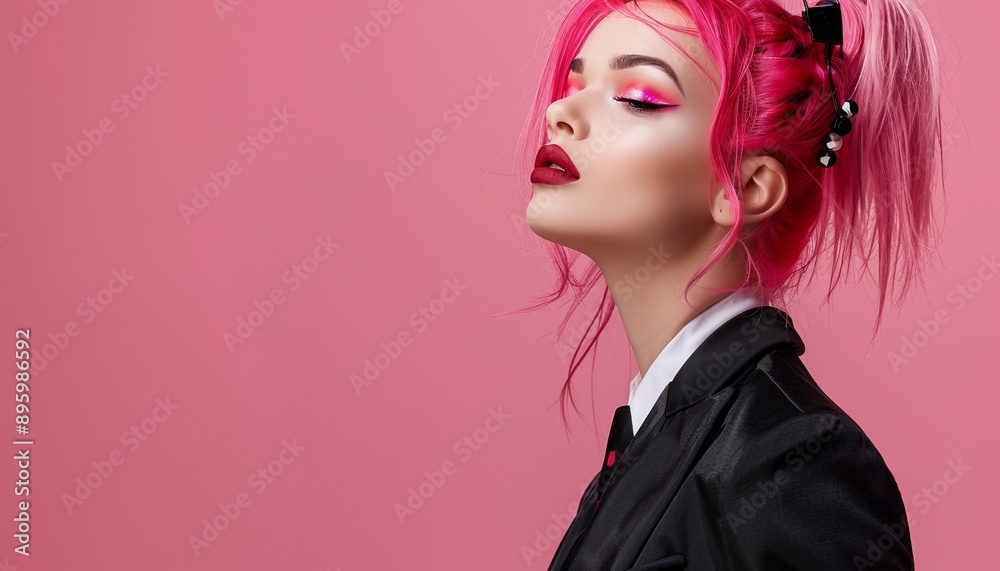 Stylish Individual with Pink Hair and Vibrant Makeup Wearing Formal Suit and Tie, Soft Pink Background, Modern Fashion Stylish Individual with Pink Hair and Vibrant Makeup Wearing Formal Suit and Tie, Soft Pink Background, Modern Fashion