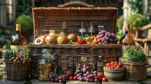 A Wicker Basket Overflowing with Delectable Picnic Provisions