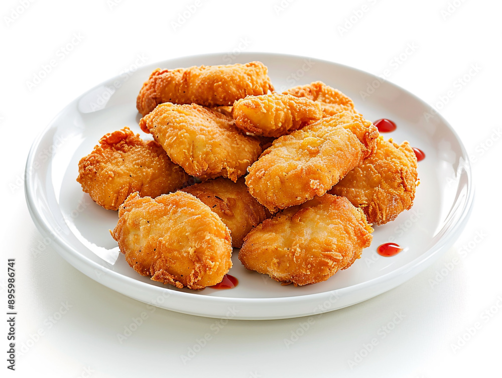 Chicken nuggets on a plate, isolated on white background. Chicken nuggets on a plate, isolated on white background.