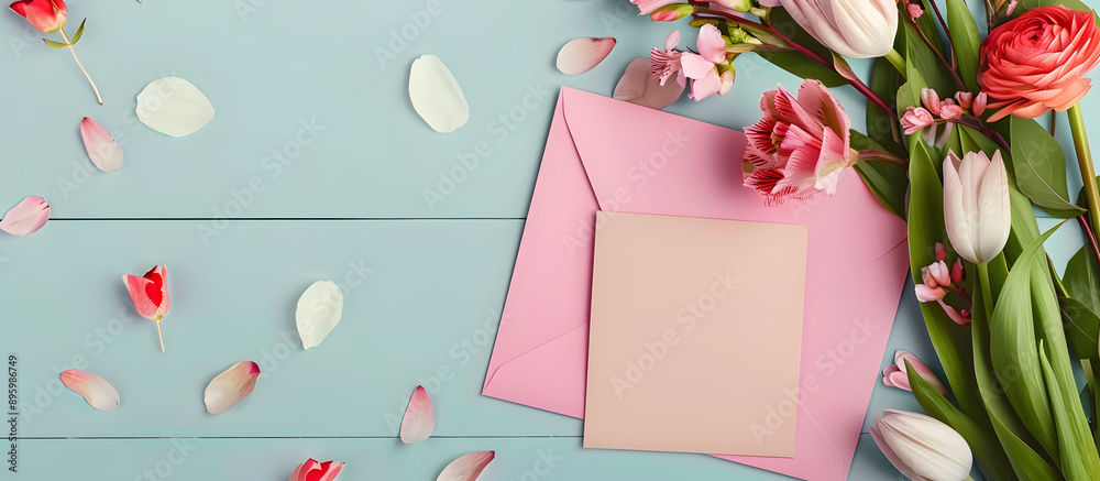 Spring-themed greeting card mockup featuring a flower arrangement, envelope, and copy space image for text. Spring-themed greeting card mockup featuring a flower arrangement, envelope, and copy space image for text.