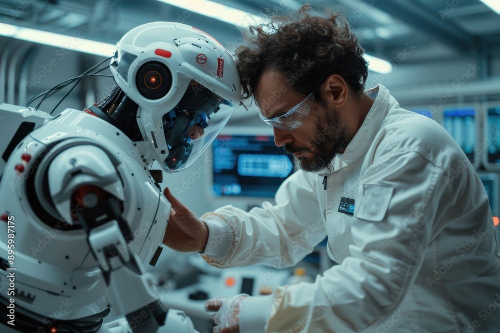 Fototapeta premium A technician in a high-tech lab interacts with a humanoid robot, preparing it for operation, showcasing advancements in robotics and human-machine collaboration.