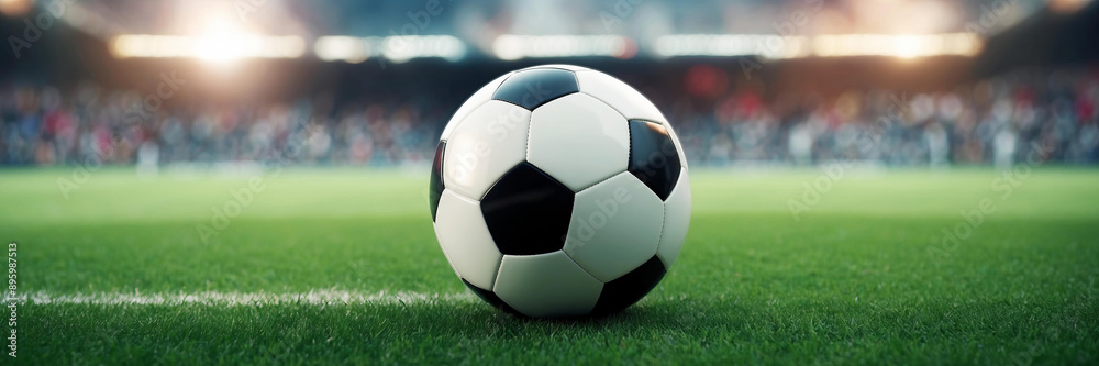 Fototapeta premium Black and white soccer ball on green grass of soccer field. Stadium lights are visible in background, blurred background