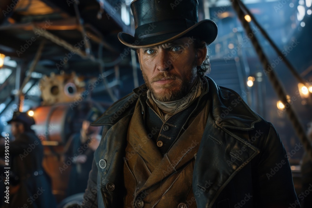 A steampunk character in a top hat and leather coat stands in a busy, industrial setting, embodying the retro-futuristic and adventurous nature of the steampunk genre. A steampunk character in a top hat and leather coat stands in a busy, industrial setting, embodying the retro-futuristic and adventurous nature of the steampunk genre.