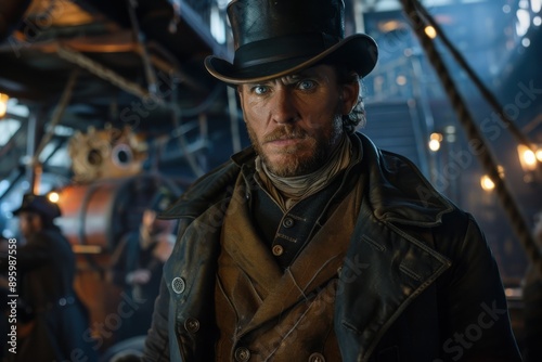 A steampunk character in a top hat and leather coat stands in a busy, industrial setting, embodying the retro-futuristic and adventurous nature of the steampunk genre.