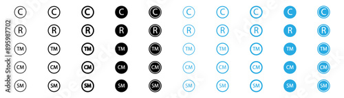 Big vector set of registered trademark icons. TM CM M C R trademark sign icon in filled style, copyright glyph icon set. Vector Eps 10