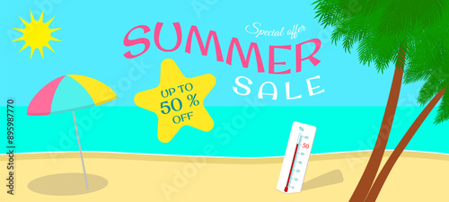 Summer sale special offer banner, vector illustration. Promotional poster with sunny ocean beach, umbrella, tropical palm trees. Thermometer in the sand, which shows the discount as a percentage.