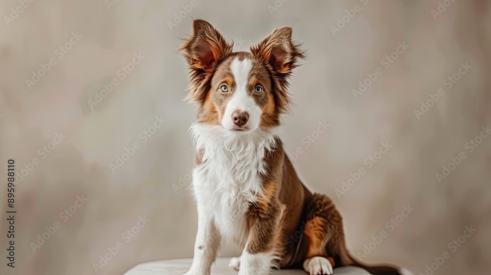 A black and white Australian Shepherd dog sits in a home studio with a white backdrop. The studio is well lit with professional lighting equipment A black and white Australian Shepherd dog sits in a home studio with a white backdrop. The studio is well lit with professional lighting equipment