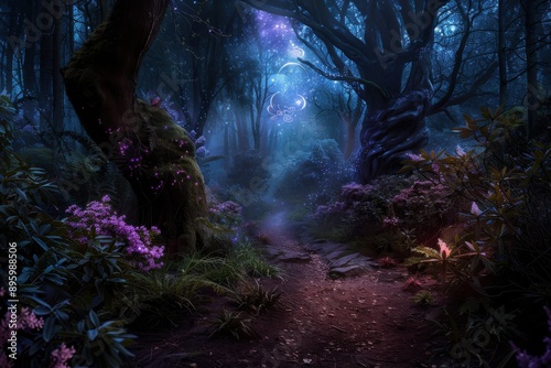 A captivating night scene in an old forest filled with mystical glowing creatures and winding paths enveloped in a magical aura, perfect for an adventurous imagination. photo