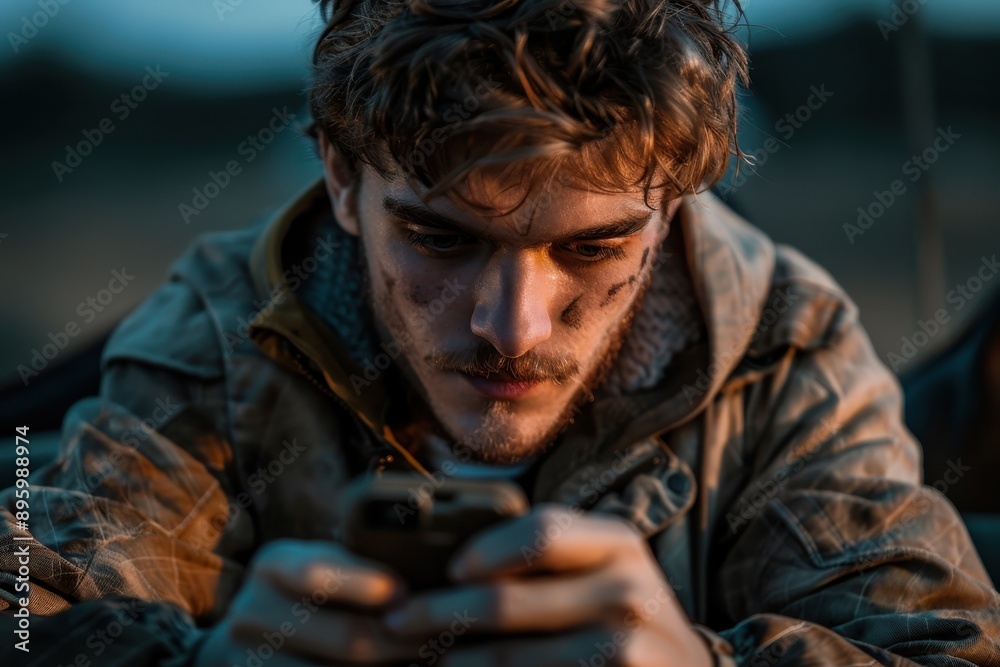 A person deeply engaged with their smartphone outdoors at twilight, wearing a jacket and showcasing a focus on digital connection amidst a serene, blue-toned environment highlighting solitude.