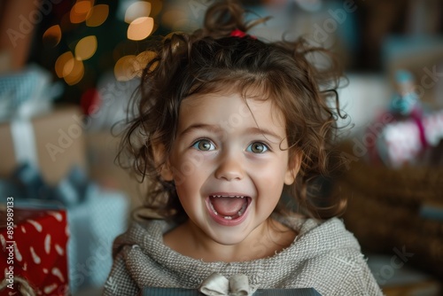 A young girl with wide eyes and an open mouth, showing immense excitement and surprise as she opens a gift during a vibrant celebration, capturing festive joy and childhood wonder. photo