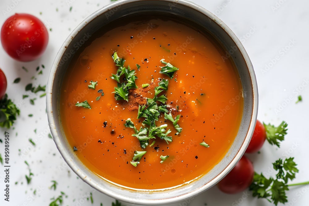 Delicious Tomato Soup Garnished with Fresh Herbs and Spices Delicious Tomato Soup Garnished with Fresh Herbs and Spices