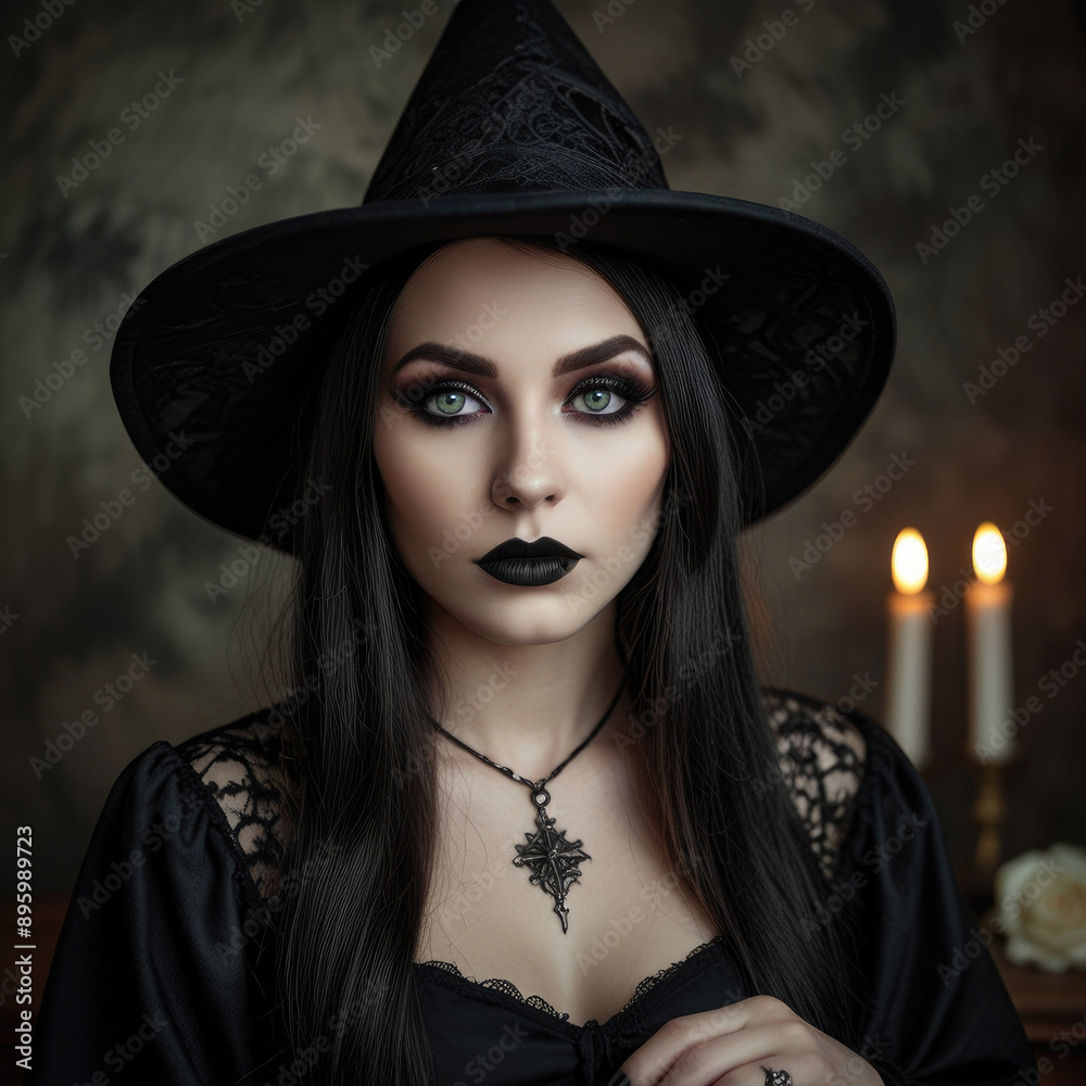 Beautiful woman in witch costume with red hair closeup. Beautiful woman in witch costume with red hair closeup.