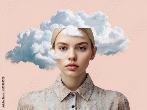 Young woman covering her eyes with clouds symbolizing daydreaming
