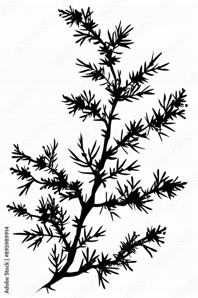 Obraz premium Black and white flat vector art of a juniper branch, svg style, isolated on white background, simple vector art design -