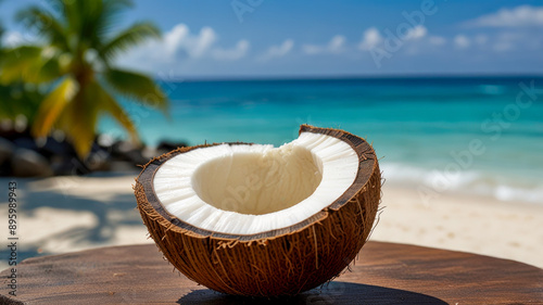 Wallpaper Mural Freshly split coconut on ocean background, evoking a refreshing and rejuvenating tropical vibe Torontodigital.ca