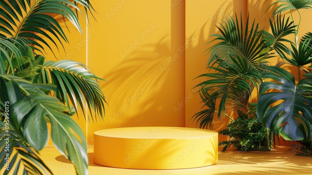 Minimal yellow podium, tropical leaf background, summer product display, 3D beauty stage, nature-inspired abstract scene, mockup Minimal yellow podium, tropical leaf background, summer product display, 3D beauty stage, nature-inspired abstract scene, mockup
