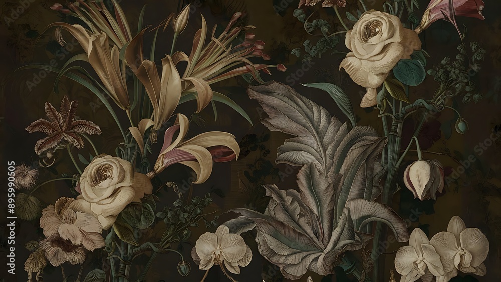 Dark floral wallpaper with vintage botanical print and moody hues