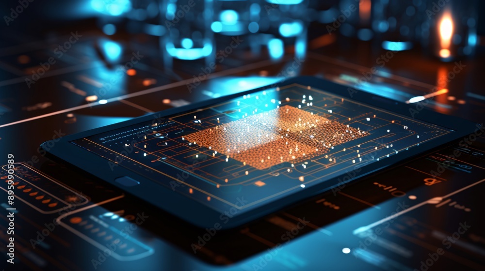 Fototapeta premium Data protection icon on a tablet screen with encrypted data overlay