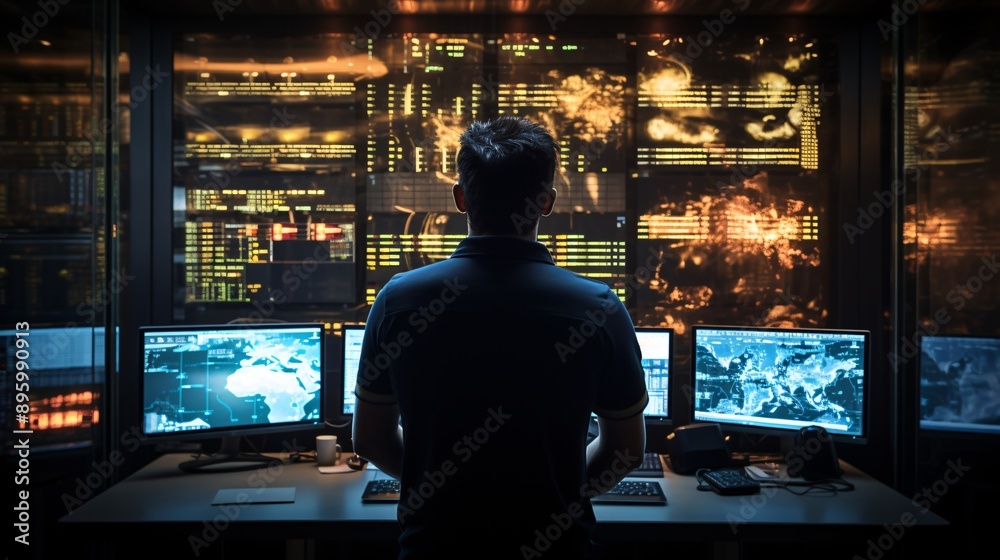 Security engineer working in a server room with firewall interfaces on screen Security engineer working in a server room with firewall interfaces on screen