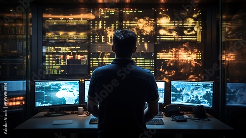 Security engineer working in a server room with firewall interfaces on screen