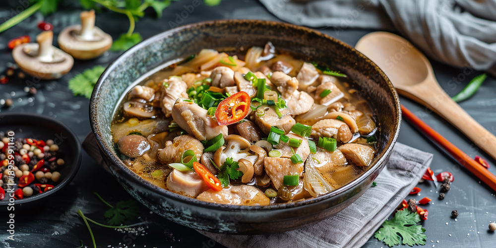 Delicious Taiwanese chicken soup with peeled green chilies and mushrooms Delicious Taiwanese chicken soup with peeled green chilies and mushrooms