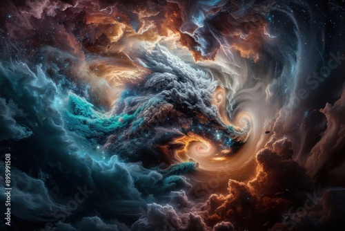 A depiction of a fiery nebula creating a breathtaking whirlwind of cosmic colors and shapes, representing the dynamic and ever-changing nature of the universe. photo